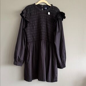 GAP Black Smocked Bodice Ruffle-Shoulder Long Sleeve Dress NWT